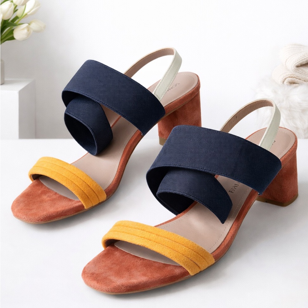 Donald Pliner Colorblock Block Sandals Navy Mustard Suede Slingback Heel size 9